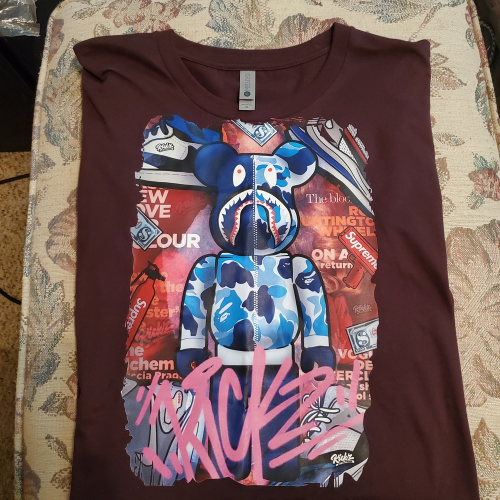 New Bearbrick Mural Custom Design XL Short Sleeve Tee - Color- Ox Blood